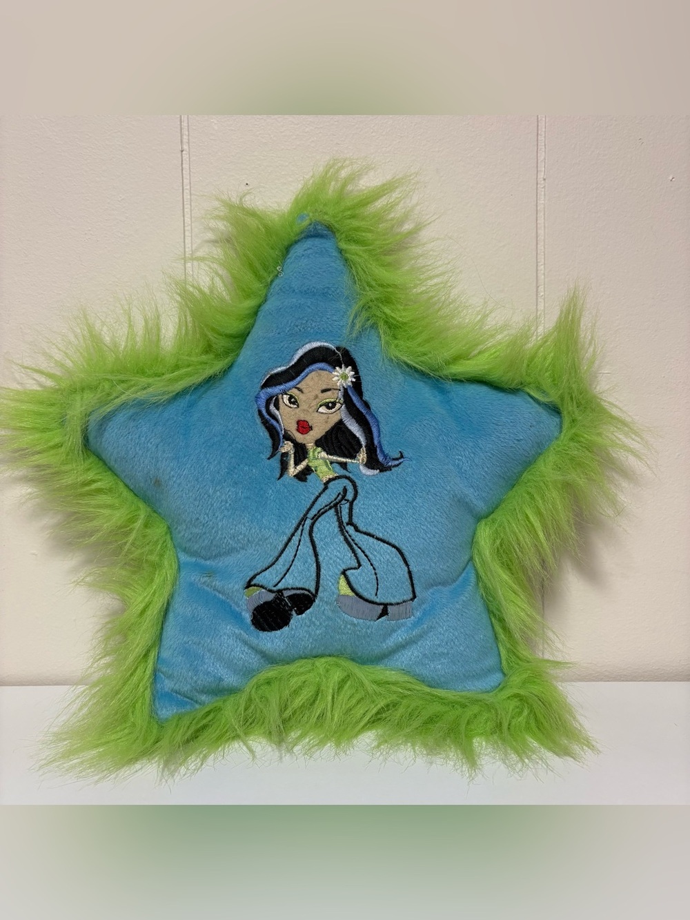 Y2K Bratz Blue Star Shaped Pillow Fluffy Green Fringe Embroidered Doll 10"